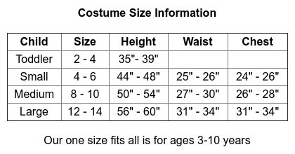Costume and Shoe Size Information - Cloud Nine Toys